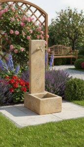 fontana Manhattan col. old stone, cod. 03FMAOS, esempio di posa generato con IA fontana Manhattan col. old stone, cod. 03FMAOS, esempio di posa generato con IA